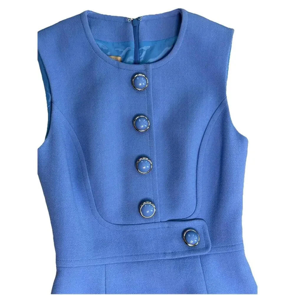 Luxury Michael Kors Collection Jackie O Sleeveless Sheath Dress 0 Buttons Blue - Picture 5 of 8